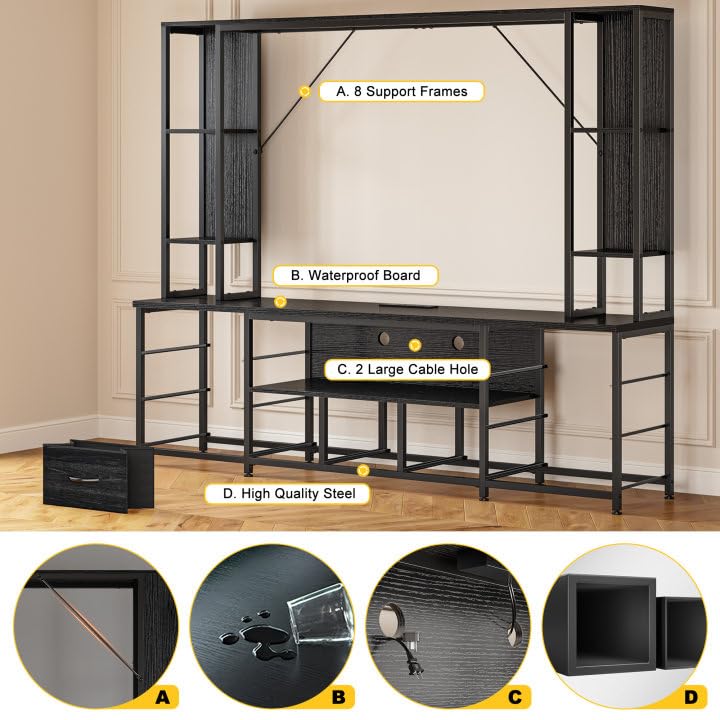 65" TV Stands for Living Room, Large Wall Unit Entertainment Center with 11 Fabric Drawer,Dresser TV Stand with 2 LED Lights & Power Outlets,TV Stand for Bedroom with Storage Shelf,Black EnHomee
