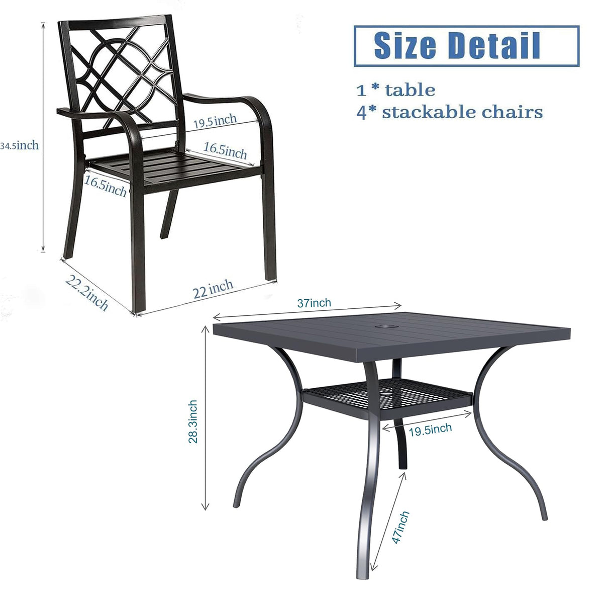 Crownland 5 Piece Outdoor Dining Set, Patio Metal Dining Sets, 4 Stackable Metal Chairs and Square Outdoor Dining Table with 1.57" Umbrella Hole, for Backyard, Lawn, Garden (Classic Black) Crownland