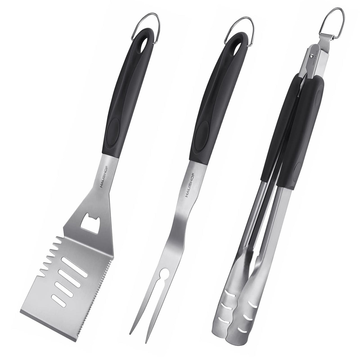 HAUSHOF Large Grill Accessories Heavy Duty BBQ Set Gifts for Men/Women - Premium Stainless Steel Spatula, Fork & Tongs (16.5/16/16.5 in.), Barbecue Utensils Tool Kit Gift for Grilling Lover Outdoor HAUSHOF