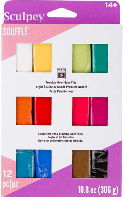 Polyform Sculpey Soufflé Polymer Oven-Bake Clay, 12 color set, Non Toxic, 10.8 oz., Great for jewelry making, holiday, DIY, mixed media and more! Premium light-weight oven bake clay.
