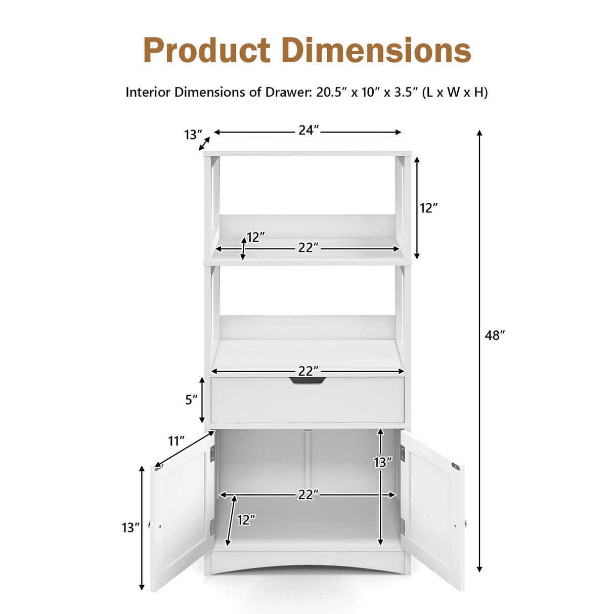 Tangkula Bathroom Floor Cabinet with Drawer, 2 Open Shelves and Door Cupboard, Multipurpose Free Standing Storage Cabinet for Bathroom Kitchen Living Room, 24 x 13 x 48 inch (White) Tangkula