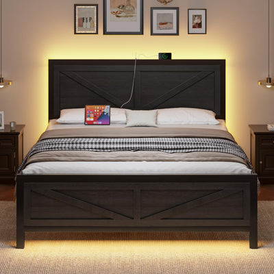 DOGIBIXO Full Size Bed Frame with Led Lights and USB Charging, Industrial Platform Bed Frame with Farmhouse Barn Door Headboard, Strong Metal Slats Support, Noise Free, No Box Spring Needed, Black