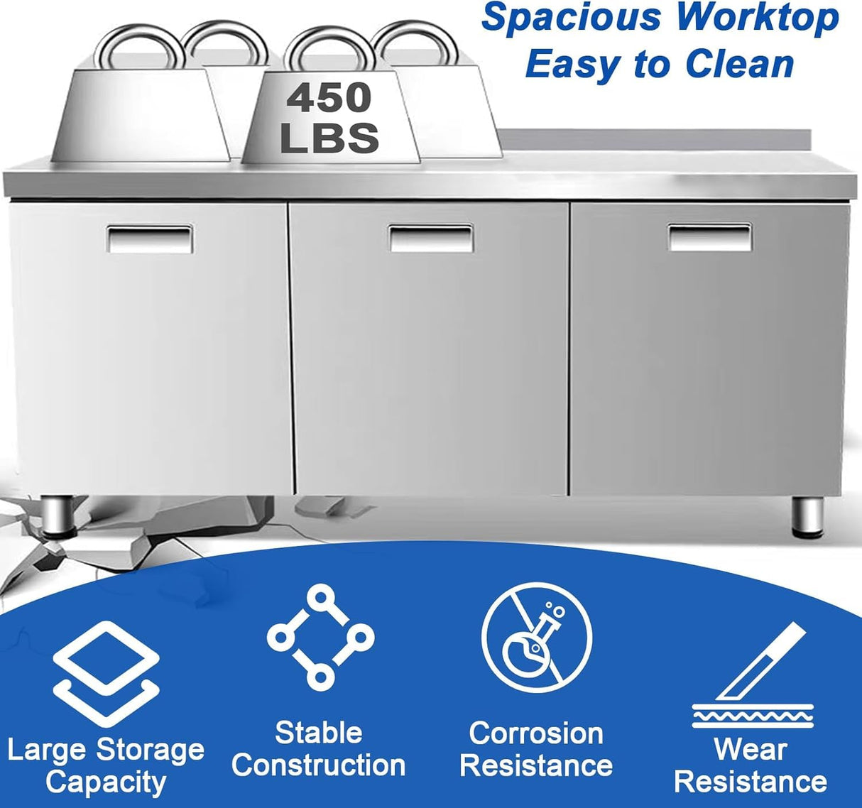 ZZV Stainless Steel Table Cabinet for Prep & Work 21 x 59 Inch, Heavy Duty Prep Table with 3 Pull-Out Doors, Commercial Workbench with Cabinet for Kitchen, Restaurant, Hotel, Garage, and Warehouse ZZV