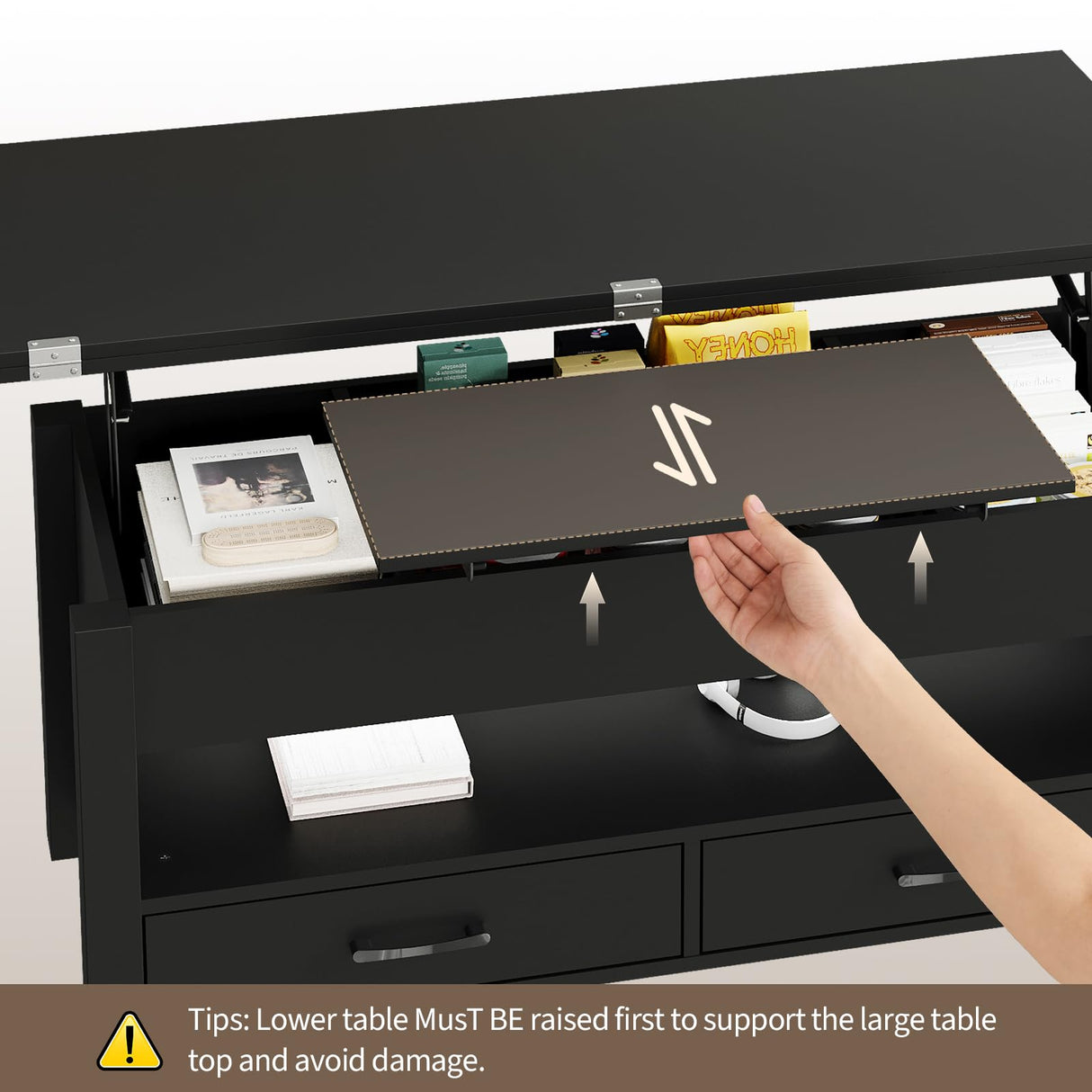 Garvee 40" Coffee Table Lift Top, Multi-Function Convertible Coffee Table with Drawers and Hidden Compartment, Converts to Dining Table for Living Room, Black Garvee