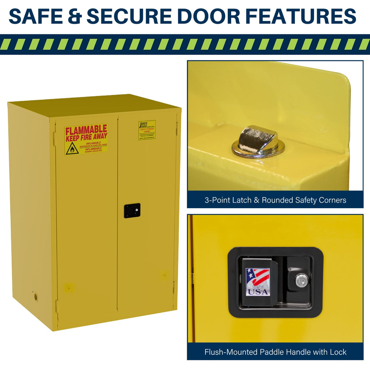 Jamco 90 Gallon Flammable Safety Cabinet, Steel Flammable Storage Cabinet with Lockable Self-Closing Doors, Non Forkliftable, 43" x 34" x 65", Yellow Jamco