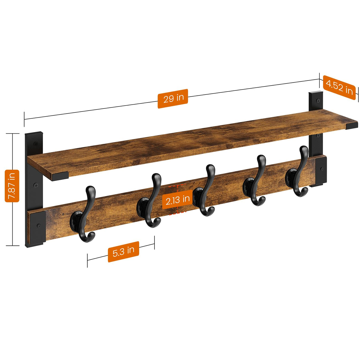 Homode Coat Rack Wall Mount, 29 Inch Long Shelf with Hooks, Wood Entryway Shelf with 5 Hangers for Hanging Hat Jacket Backpack Purse, Rustic Brown Black Homode