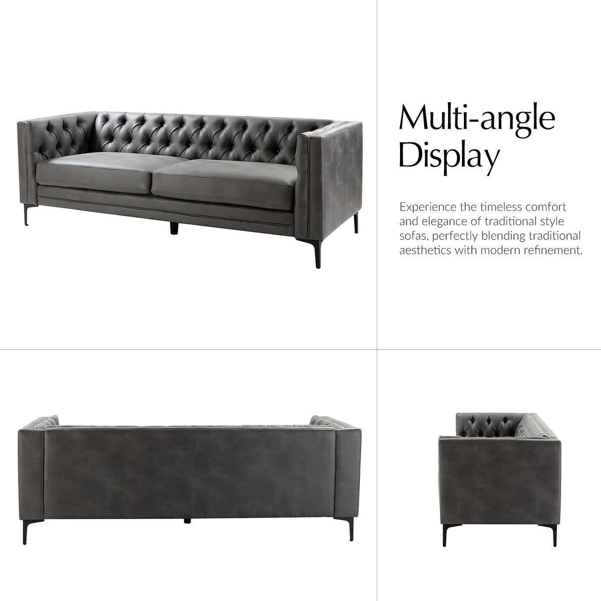 HULALA HOME 84" W Faux Leather Sofa Couch with Metal Legs, Button-Tufted 3-Seater Sofa, Mid Century Modern Contemporary Upholstered Couch for Living Room, Entertainment Area, Apartment,Grey HULALA HOME
