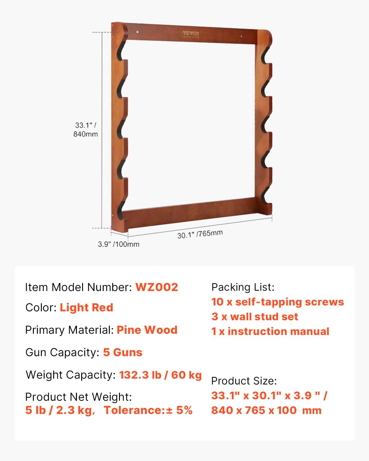 VEVOR Gun Rack, 5-Slot Wall Mounted Wooden Gun Rack, Heavy Duty Gun Display Rack Holds 5 Shotguns and Rifles, Wall Storage Display Rifle Rack with Soft Padding, 132 lbs Capacity VEVOR