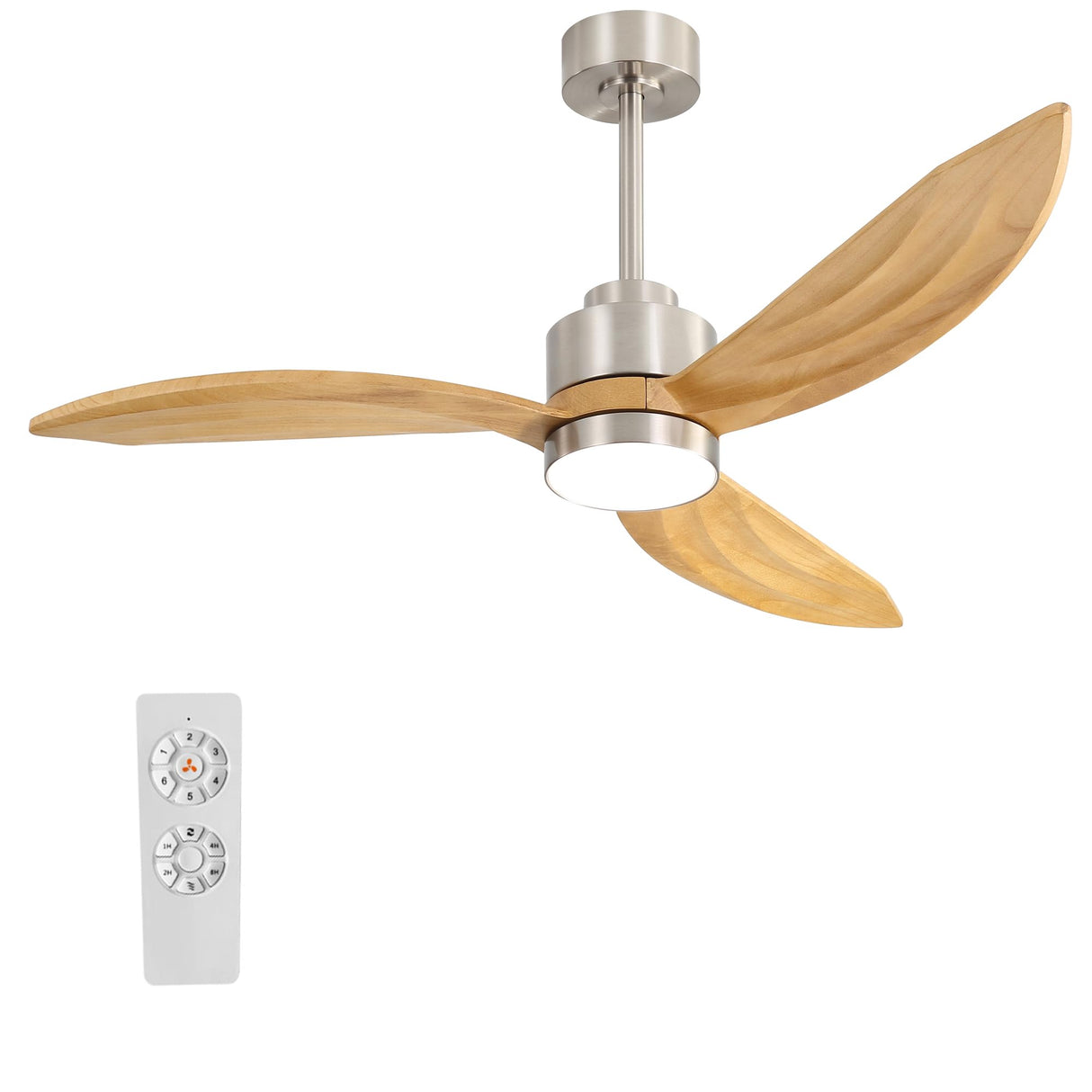 ELEHINSER 52" Wood Ceiling Fan with Lights and Remote Control, 3 Blades 6-Speed Dimmable Light Reversible DC Motor Ceiling fan for Kitchen Bedroom Dining Living Room, Wood Blades with Nickel ELEHINSER