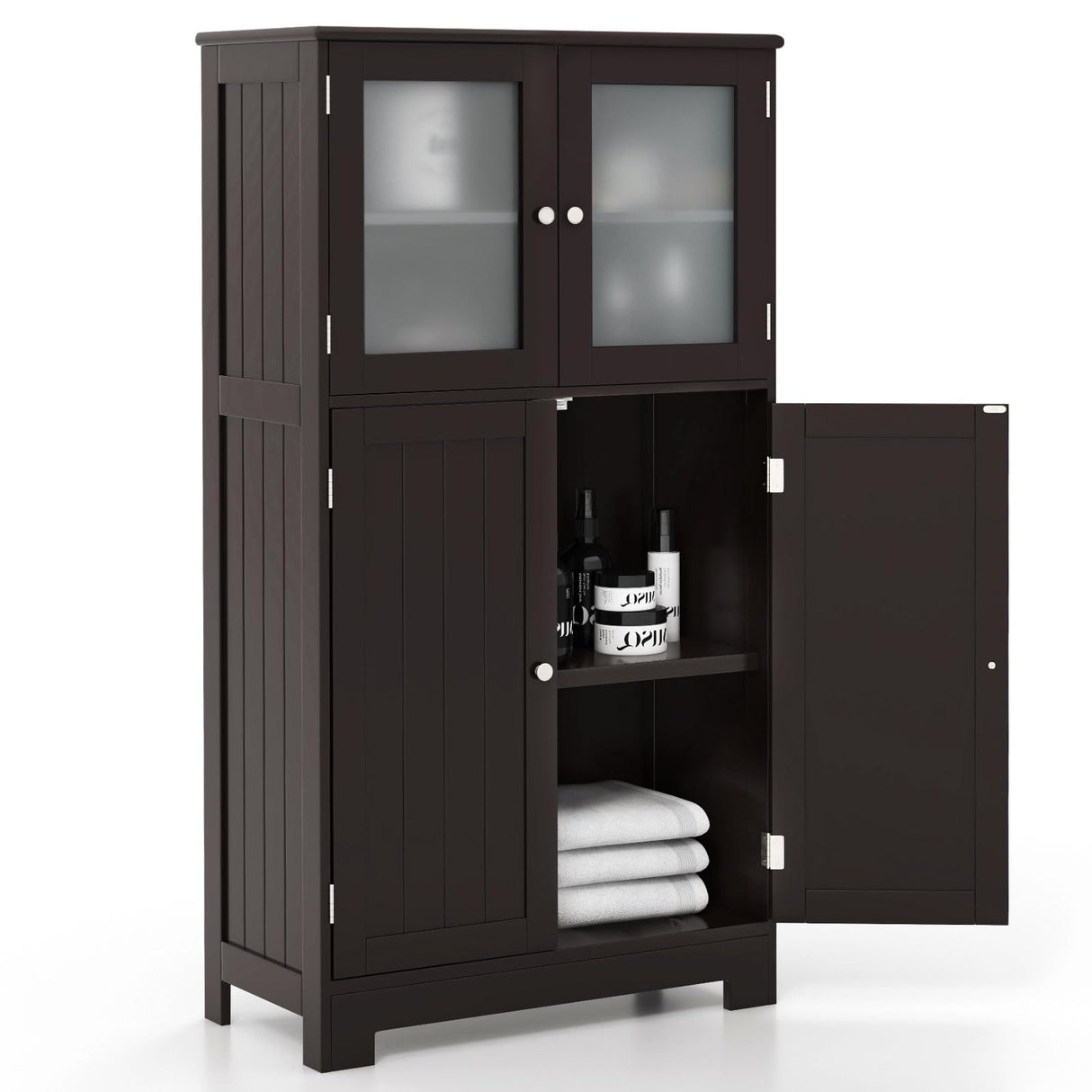COSTWAY Brown Wooden Bathroom Storage Cabinet with Adjustable Shelf and Doors COSTWAY