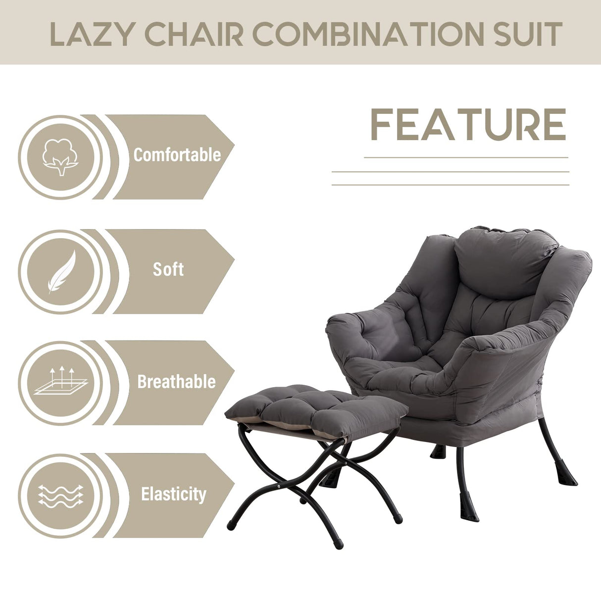 LITA Lazy Chair with Ottoman, Modern Accent Leisure Upholstered Sofa Chair, Contemporary Lounge Reading Chair with Armrests and a Side Pocket for Living Room, Bedroom & Small Space, Dark Grey LITA