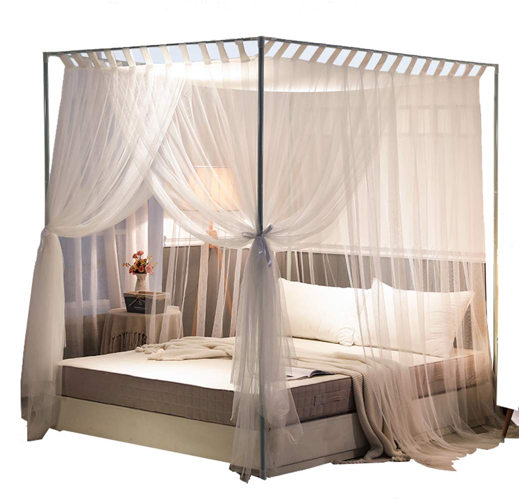 Mengersi Simple 4 Corners Post Curtain Bed Canopy Bed Frame Canopies Net Bed Curtains,Bedroom Decoration Accessories(Queen,White) Mengersi