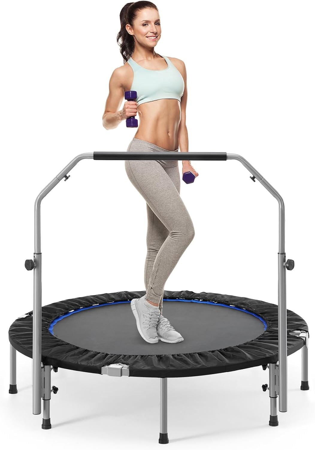 Sweetcrispy 40" in/48 in Mini Fitness Trampoline - 330LBS Foldable Exercise Rebounder with Adjustable Handle, Stable and Quiet, for Adults Indoor/Outdoor Workout Sweetcrispy