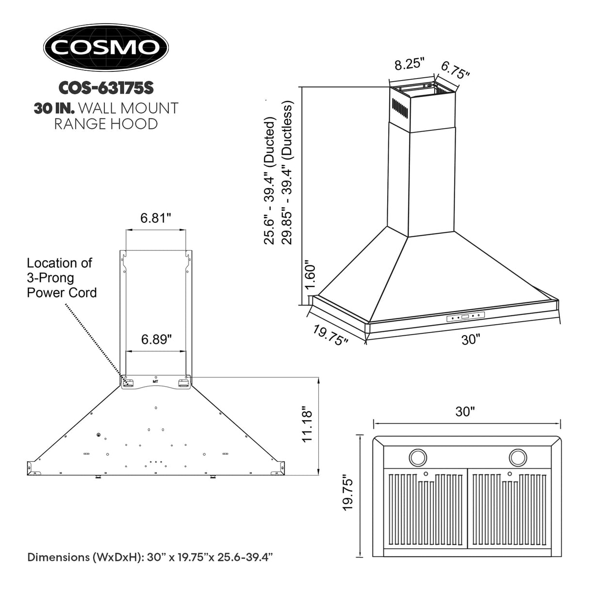 COSMO COS-63175S 30 in. Vista Collection 380 CFM Ducted Wall Mount Range Hood, Touch Controls, LED Lights, Stainless Steel COSMO