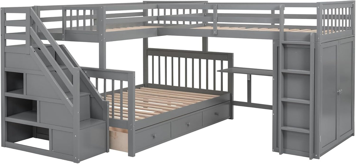 MERITLINE Twin-Twin Over Full Triple Bunk Bed with Storage Stairs,Wardrobe and Desk,Solid Wood L-Shaped 3 Bunk Bed with Ladder,Shelves,Headboard,Guardrail,No Box Spring Needed (Grey) MERITLINE