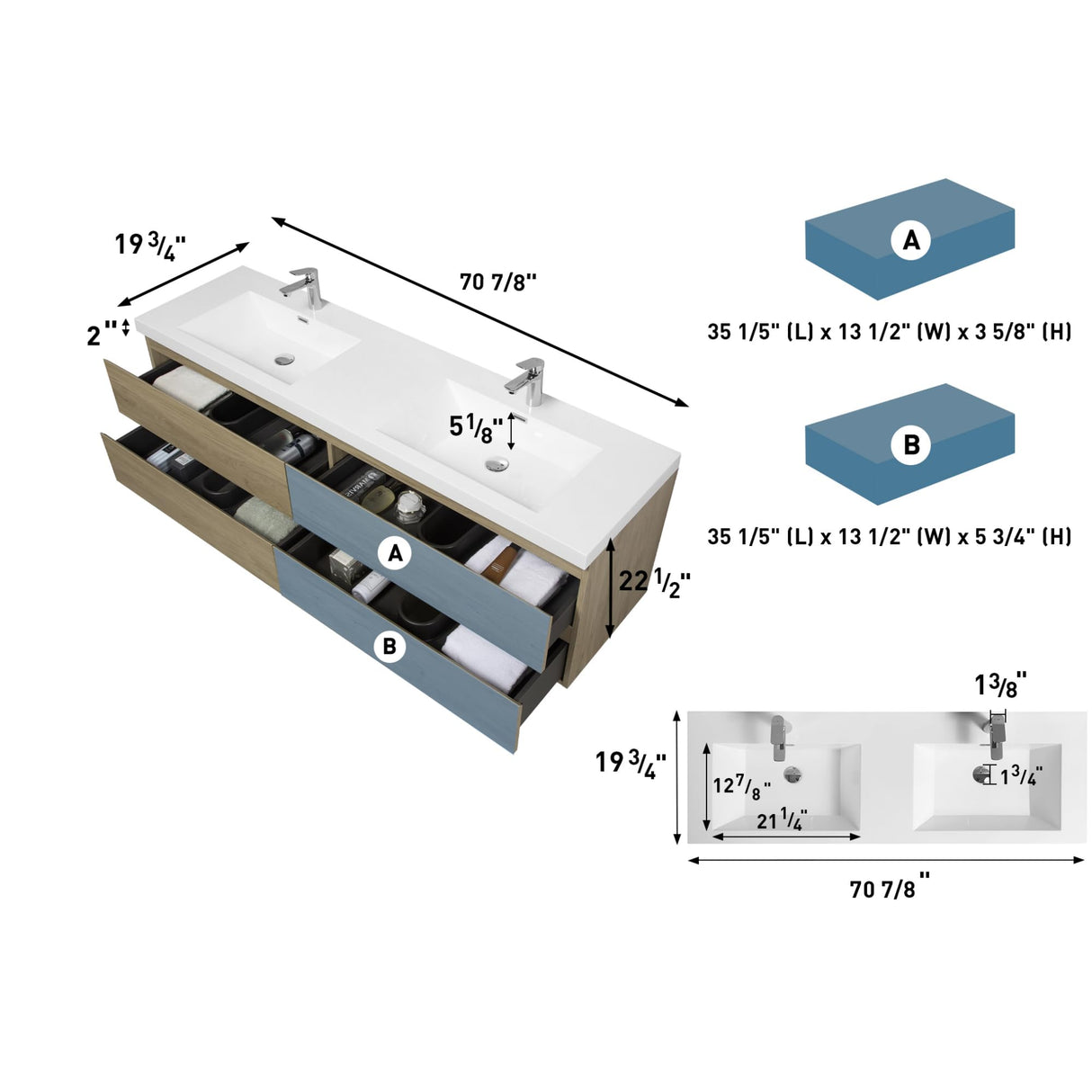 KEIKI 72" Floating Bathroom Vanity with Double Sink, Wall Mounted Bathroom Storage Vanity Cabinet Modern Bathroom Vanities with 2 Resin Top Basin and 4 Soft Close Drawers, Easy Assembly, Natural Oak KEIKI