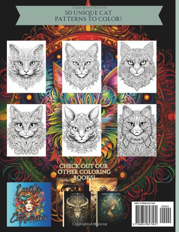 Meow Masterpieces- 50 Unique Single Sided Cat Patterns To Color (Eccentric Expressions Coloring Books) Majosta