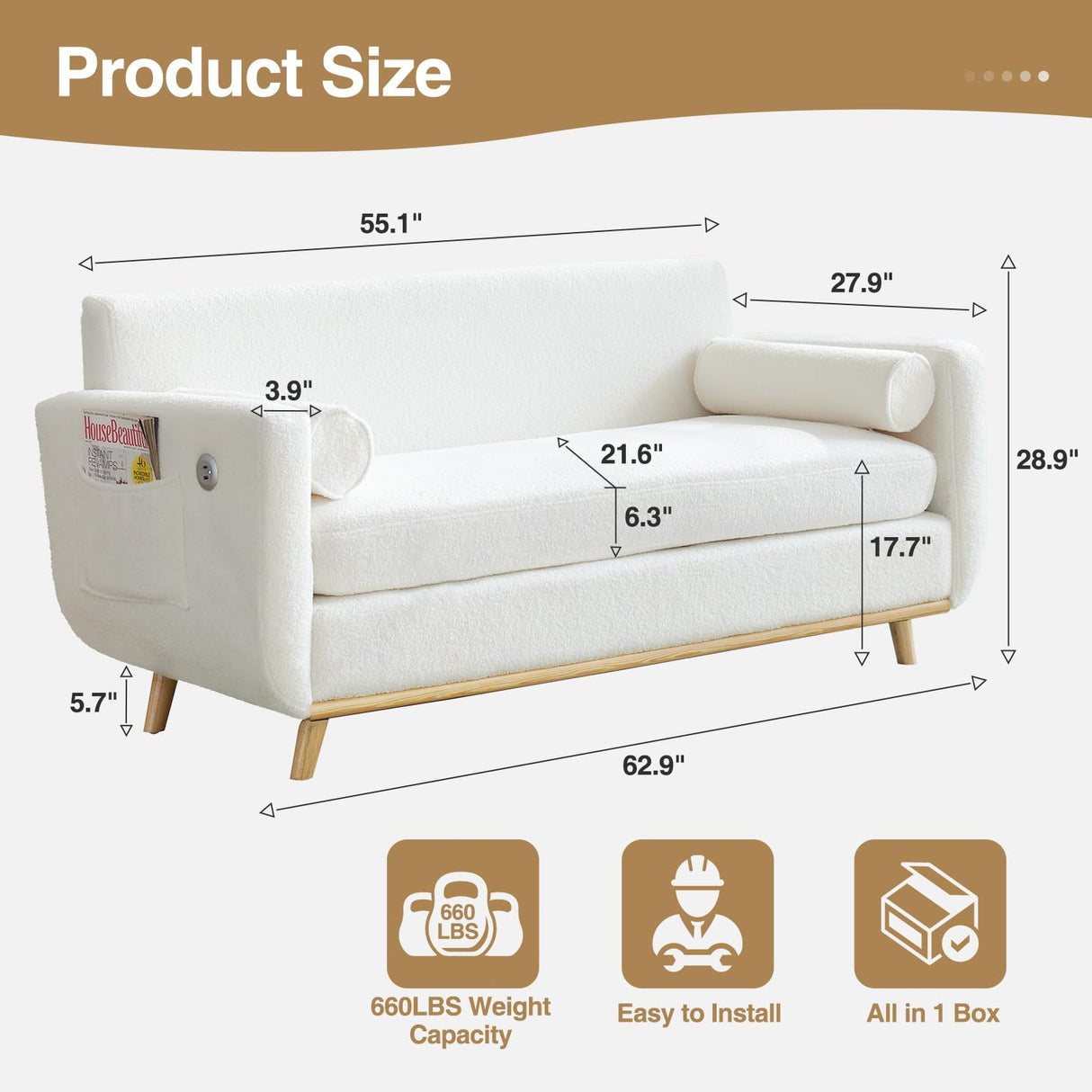 Vabches Loveseat Sofa, White Sherpa Couch with LED Lights and USB Ports Modern Fluffy Love Seat Couches 2 Seater Comfy Washable Covers Sofa Furniture for Bedroom Living Room Small Space Office, 63" L Vabches