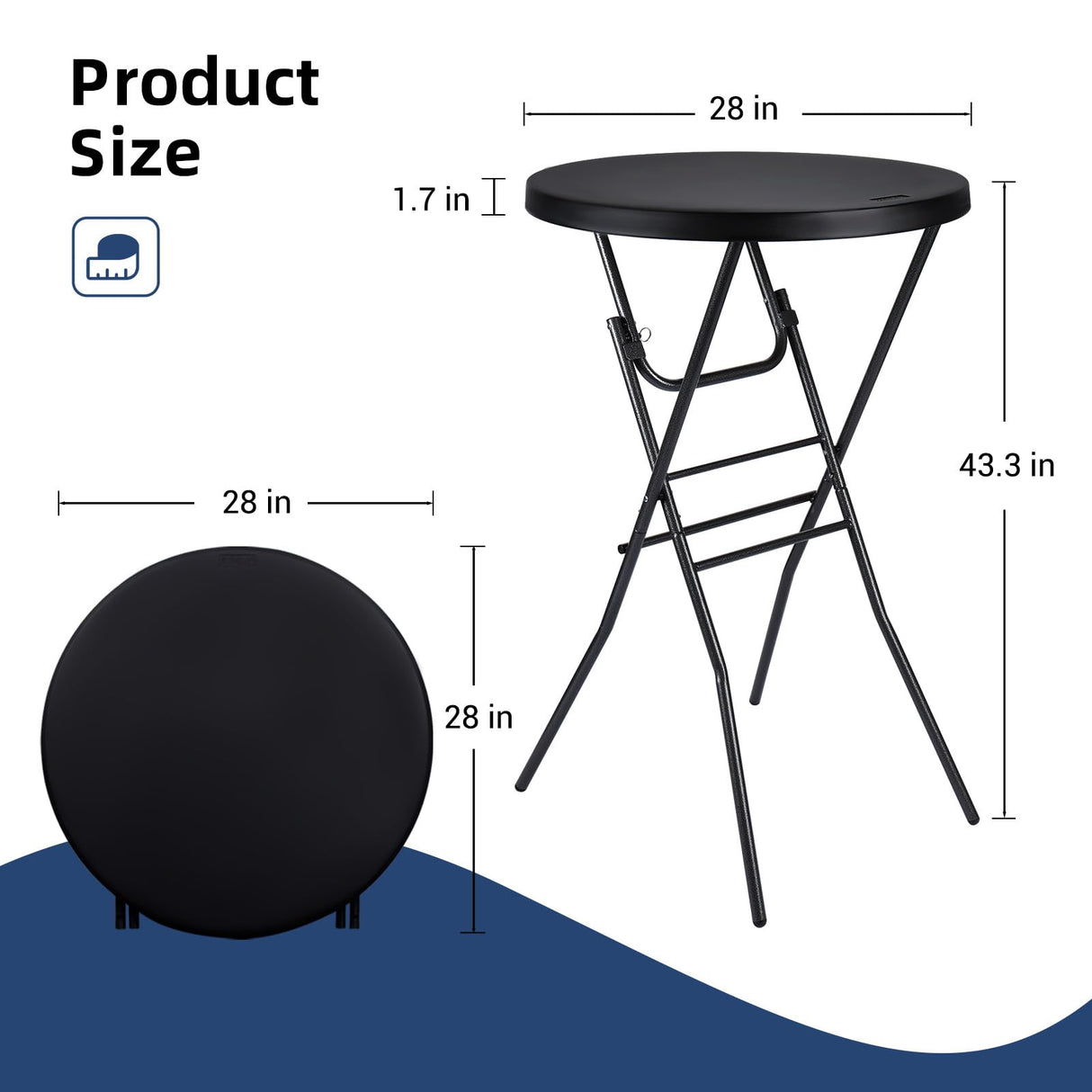 Byliable Cocktail Table 28in High Top Round Folding Indoor Outdoor, Plastic Bar Height Foldable Bistro Tall Table for Party, Patio, Dining Room, Kitchen, Events, Removable Locking Legs, Black Byliable