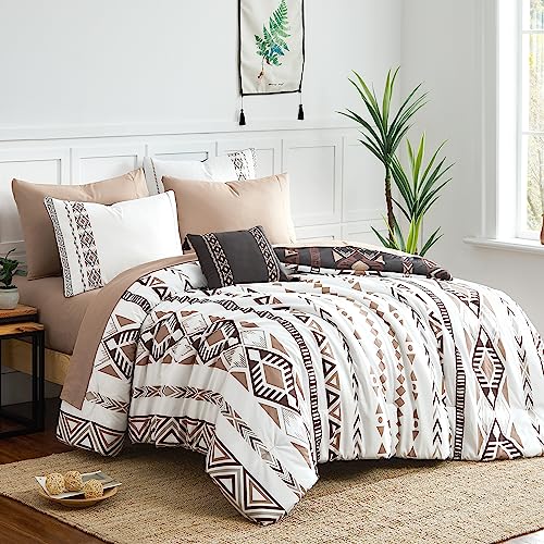 Geniospin King Size Comforter Set- 7 Pieces Boho Bed in a Bag, Western Bedding Set for All Seasons, Reversible Aztec Bedding, Lightweight Comforter Bed Set with Sheets, Pillowcases & Shams Geniospin