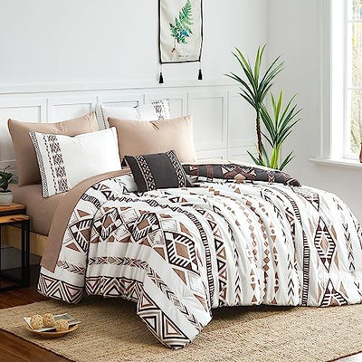 Geniospin King Size Comforter Set- 7 Pieces Boho Bed in a Bag, Western Bedding Set for All Seasons, Reversible Aztec Bedding, Lightweight Comforter Bed Set with Sheets, Pillowcases & Shams