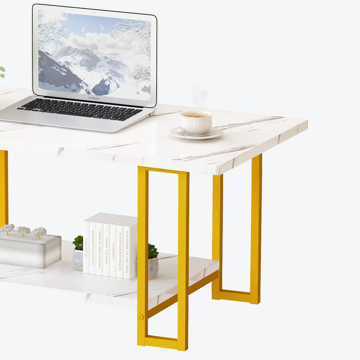 AWQM Marble Coffee Table, Faux Marble Top Rectangular Coffee Table with Gold Metal Frame, 2 Tier Living Room Table for Living Room, Office, Balcony, 40 Inch, White and Gold AWQM