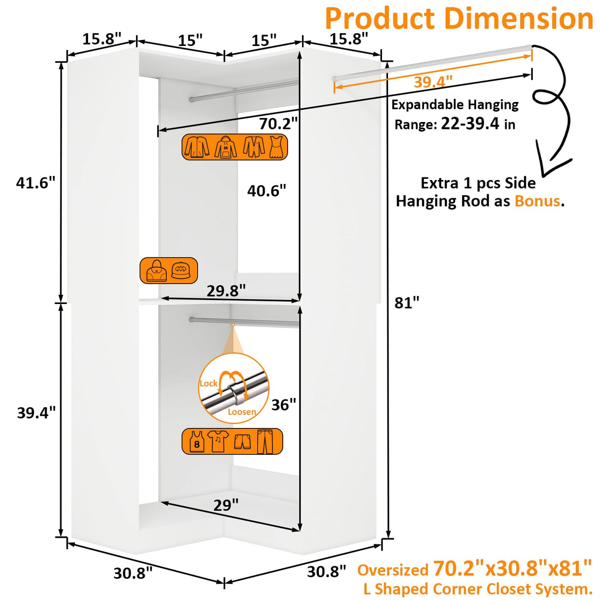 Vomavex Corner Closet System with 3 Hanging Rods, 30.8”-70.2” L Shaped Freestanding Closet Organizer for Walkin Closet, Corner Wardrobe, White vomavex