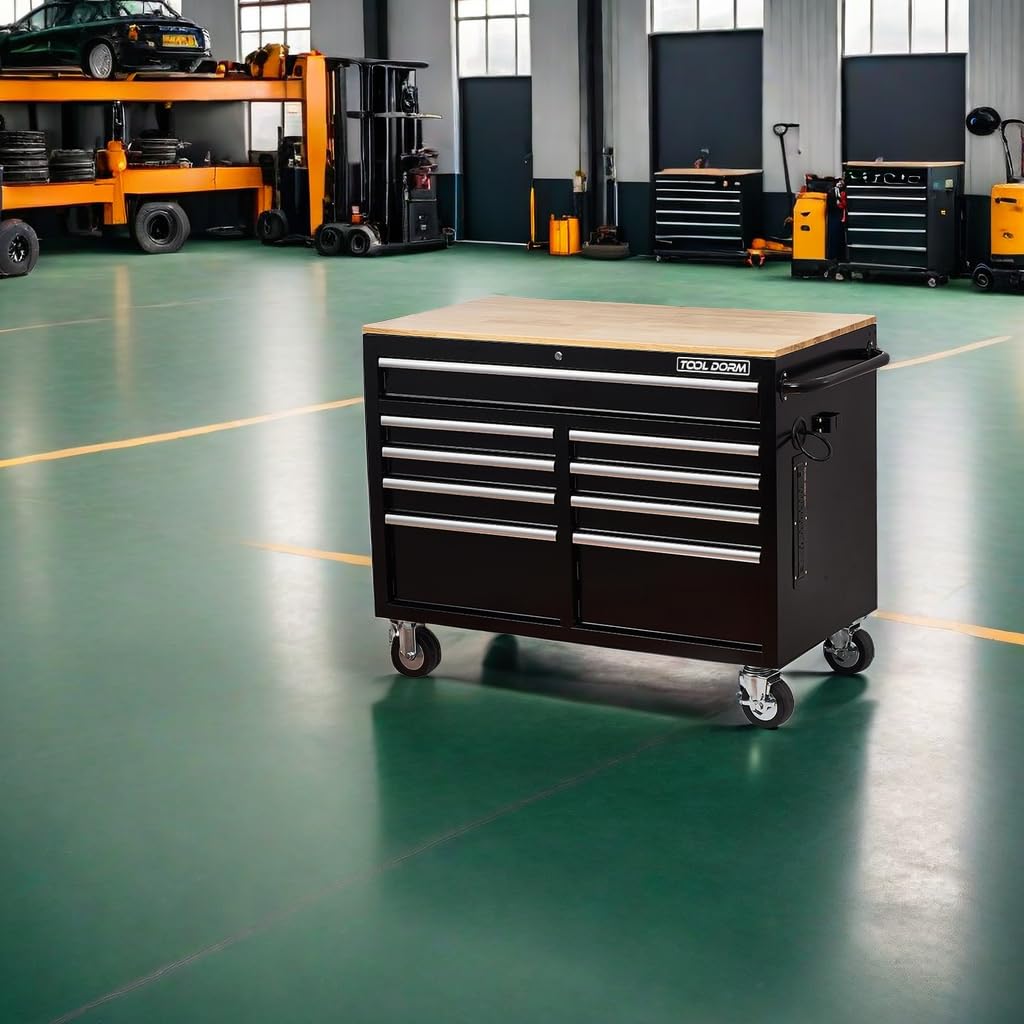 TOOL DORM Rolling Large Tool Chest Extra-Deep 46-Inch 9 Drawers, Big Tool Chest with Drawers, Workbench with Wooden Top & Integrated Power Strip, Rolling Toolbox with Drawers and Locking System TOOL DORM