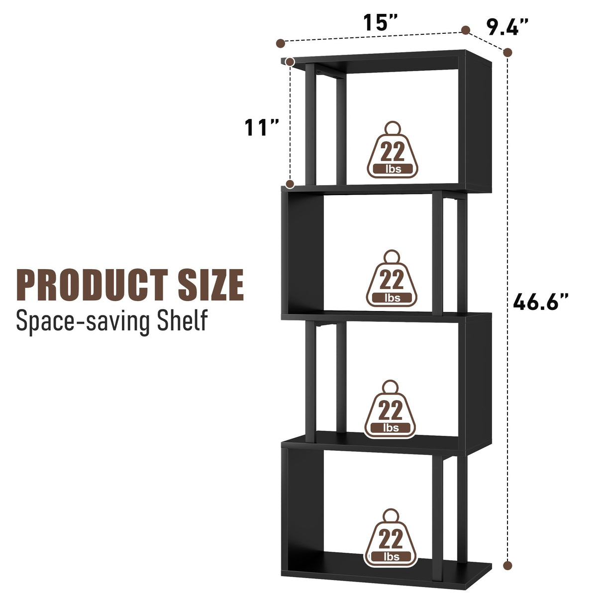 Gadroad 4-Tier Bookshelf, Narrow S-Shaped Geometric Bookcase, Wood Decorative Storage Shelving, Modern Freestanding Display Shelves, Book Shelf Unit for Living Room Bedroom Home Office, Black Gadroad