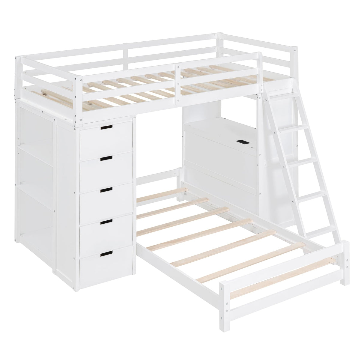 CITYLIGHT Twin Over Twin Bunk Beds with Storage,Desk,USB Ports and LED Light,Wood Twin Loft Bed with Movable Lower Bed,L Shaped Bunk Bed for Kids,Teens,Adults,No Box Spring Needed (White) CITYLIGHT