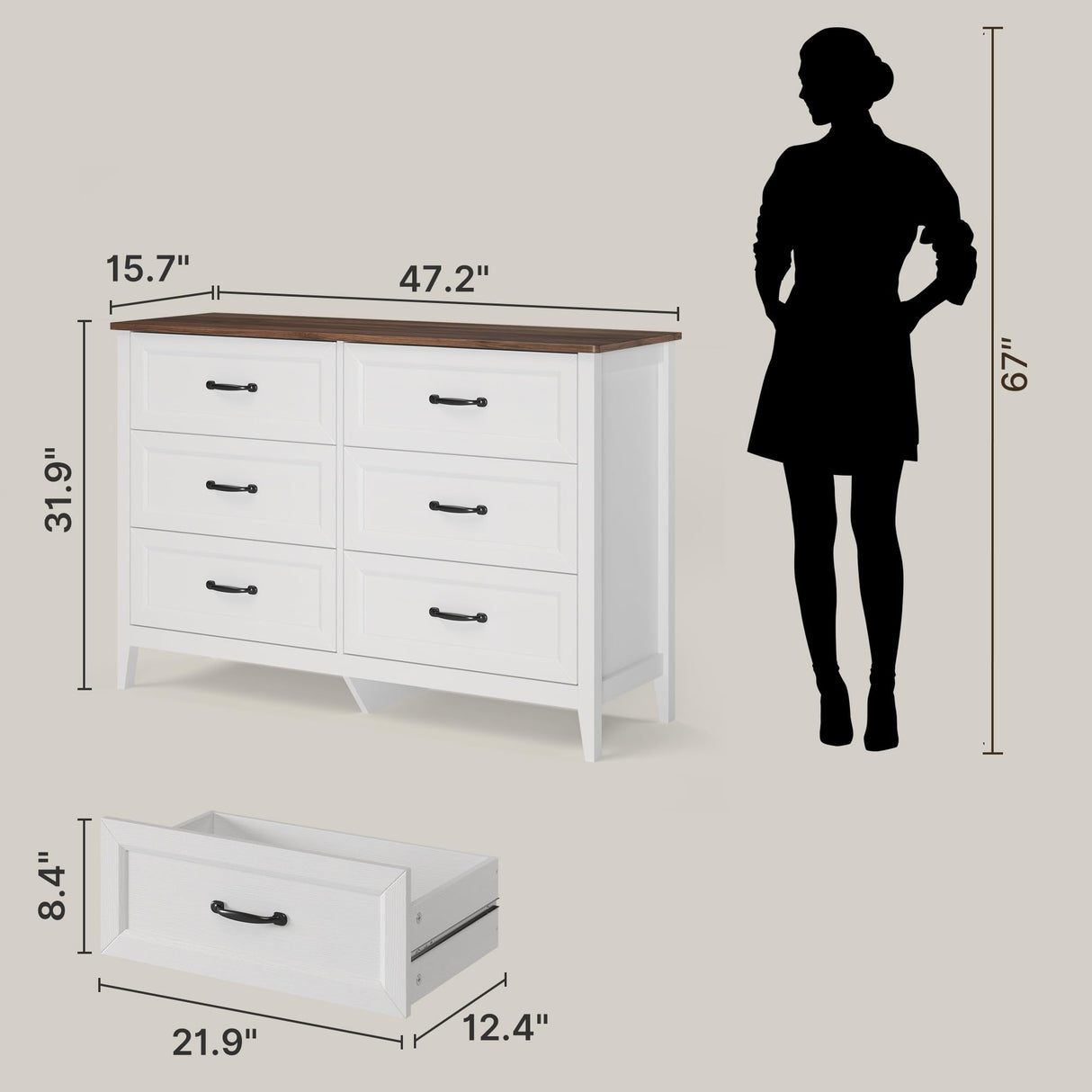 Gizoon 47.2" W Dresser for Bedroom, 6 Chest of Drawers, Modern Drawer Dresser, Wood TV Stand for Living Room, with Smooth Rail, Metal Handles, Anti-tip, Hallway, Retro Gizoon