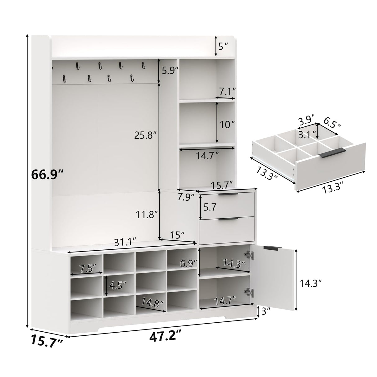 5-in-1 Hall Tree with Storage and Shoe Rack for Entryway,Entryway Bench with Coat Rack and Shoe Cabinet,9 Coat Hooks & 12 Shoe Cubbies,Farmhouse Shoe Storage Cabinet with Drawer for Hallway (White) Gyfimoie