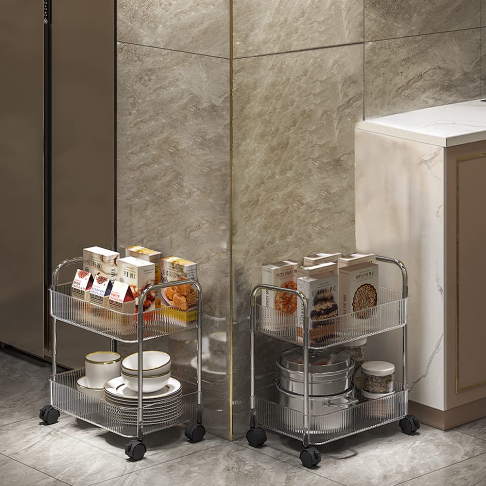 2-Tier Utility Rolling Cart Storage Organizer Sofa Side Table with Wheels, Under Desk Mobile Trolley Organizer with Handle and 2 Hanging Baskets for Office Home Kitchen Organization, Transparent Melody House