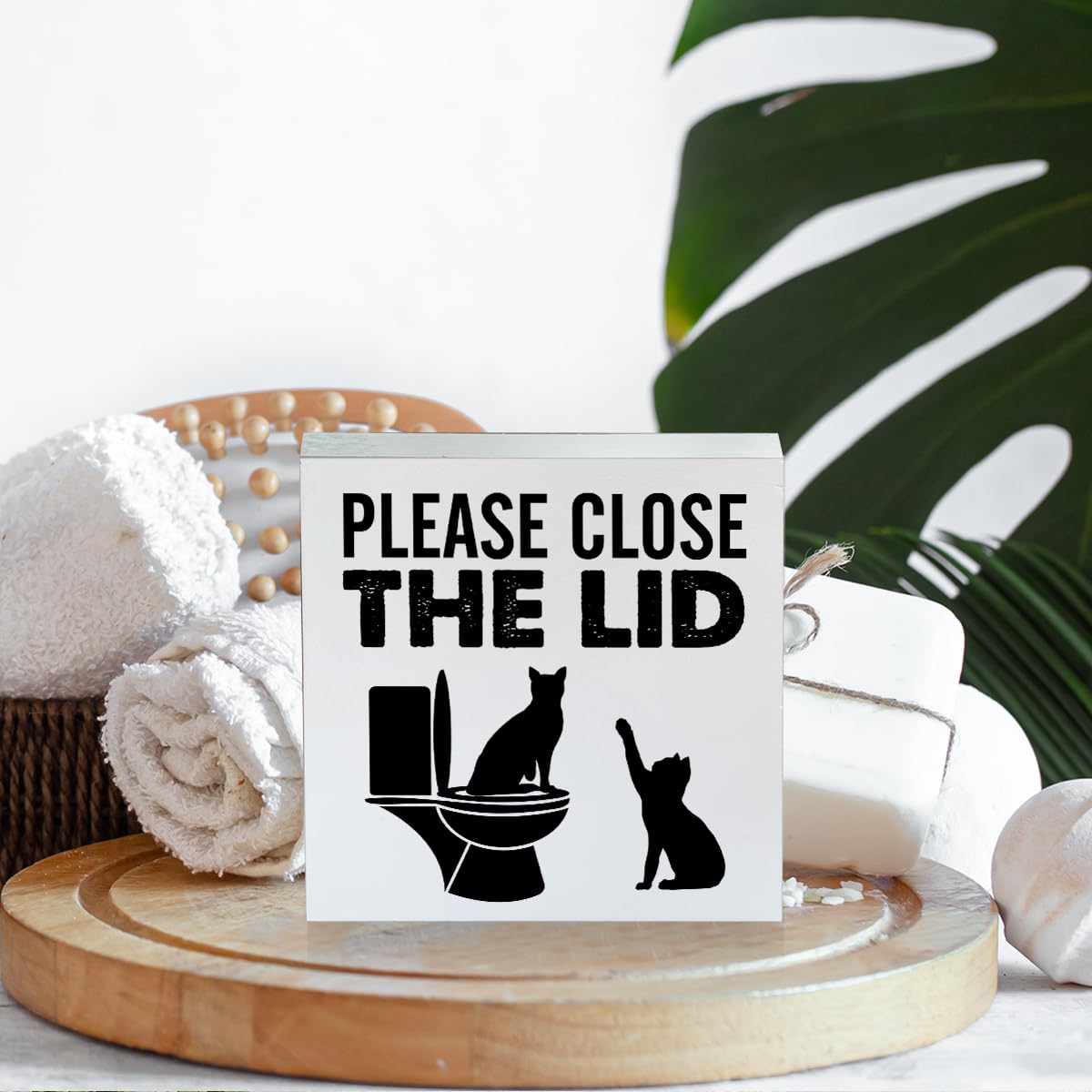 Farmhouse Please Close the Lid Wooden Box Sign Cat Bathroom Wood Block Tabletop Sign Decorative Desk Sign Home Toilet Shelf Decor 5 X 5 Inches Mukjyuyi