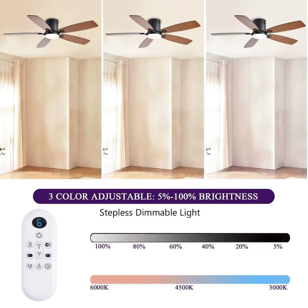 FUMLTP 52inch Ceiling Fans with Lights, Low Profile Ceiling Fan with Light and Remote Control/APP Control, Flush Mount, Reversible Motor, Dimmable, Noiseless, Brown Ceiling Fan for Bedroom (Brown FUMLTP