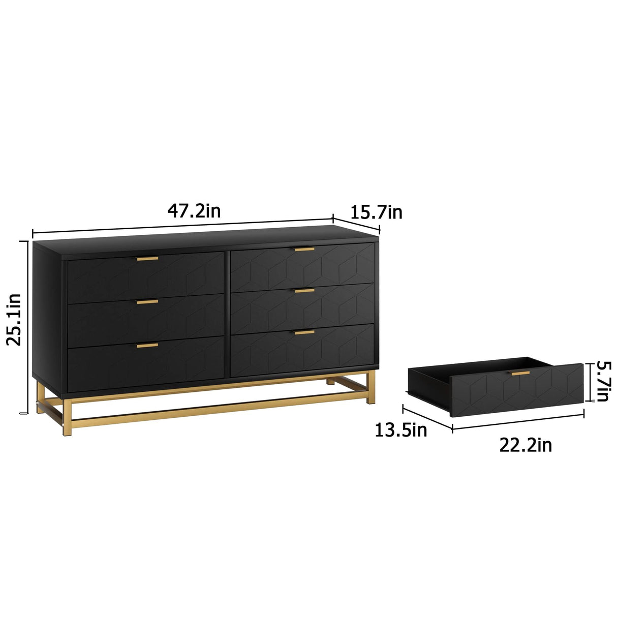 IDEALHOUSE Black 6 Drawer Dresser with Wide Storage, Wood Dresser Chest Organizer with Metal Legs, Modern Dressers & chests of Drawers for Bedroom, Living Room, Hallway IDEALHOUSE