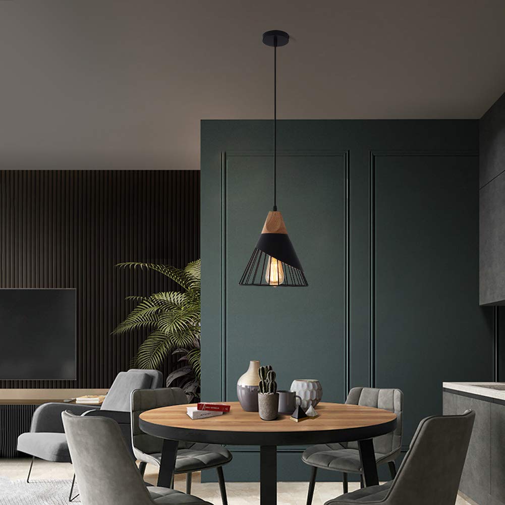 Mxsaoud Modern Black Pendant Light Over Kitchen Island, Adjustable Wood Hanging Light Fixture,Industrial Pendant Lighting for Dining Room,Living Room,Bedroom,Hallway,Kitchen,Bar Mxsaoud