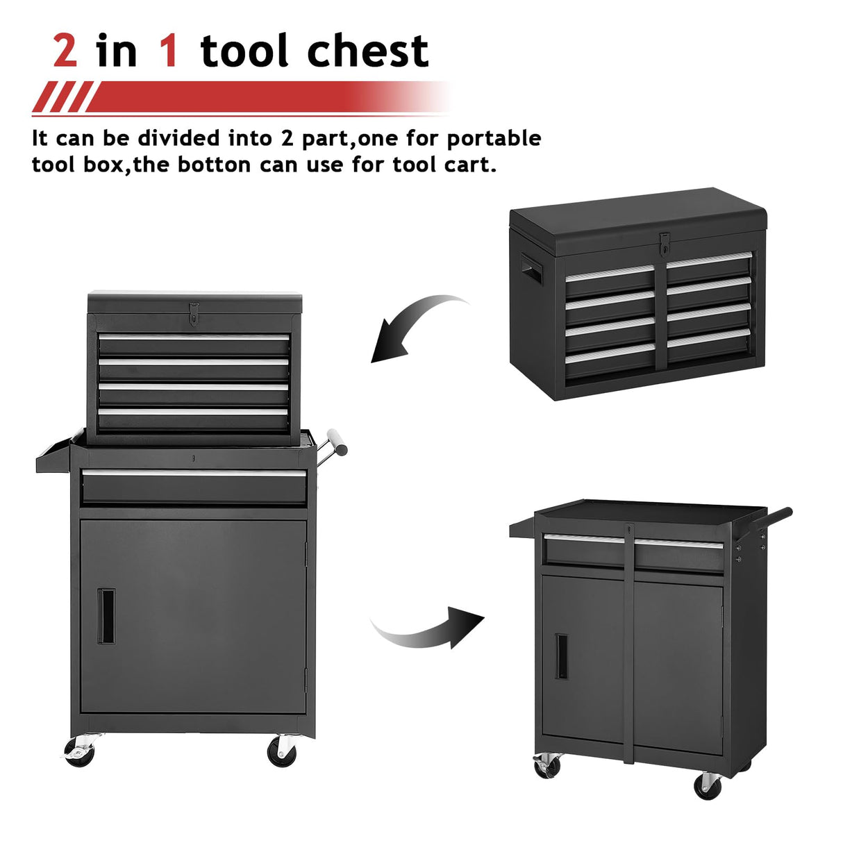 AirWire Tool Chest,5-Drawer Rolling tool Storage Cabinet with Enhanced Packaging, Detachable Top Tool Box, Metal Tool Cart for Garage Workshop,Black AirWire