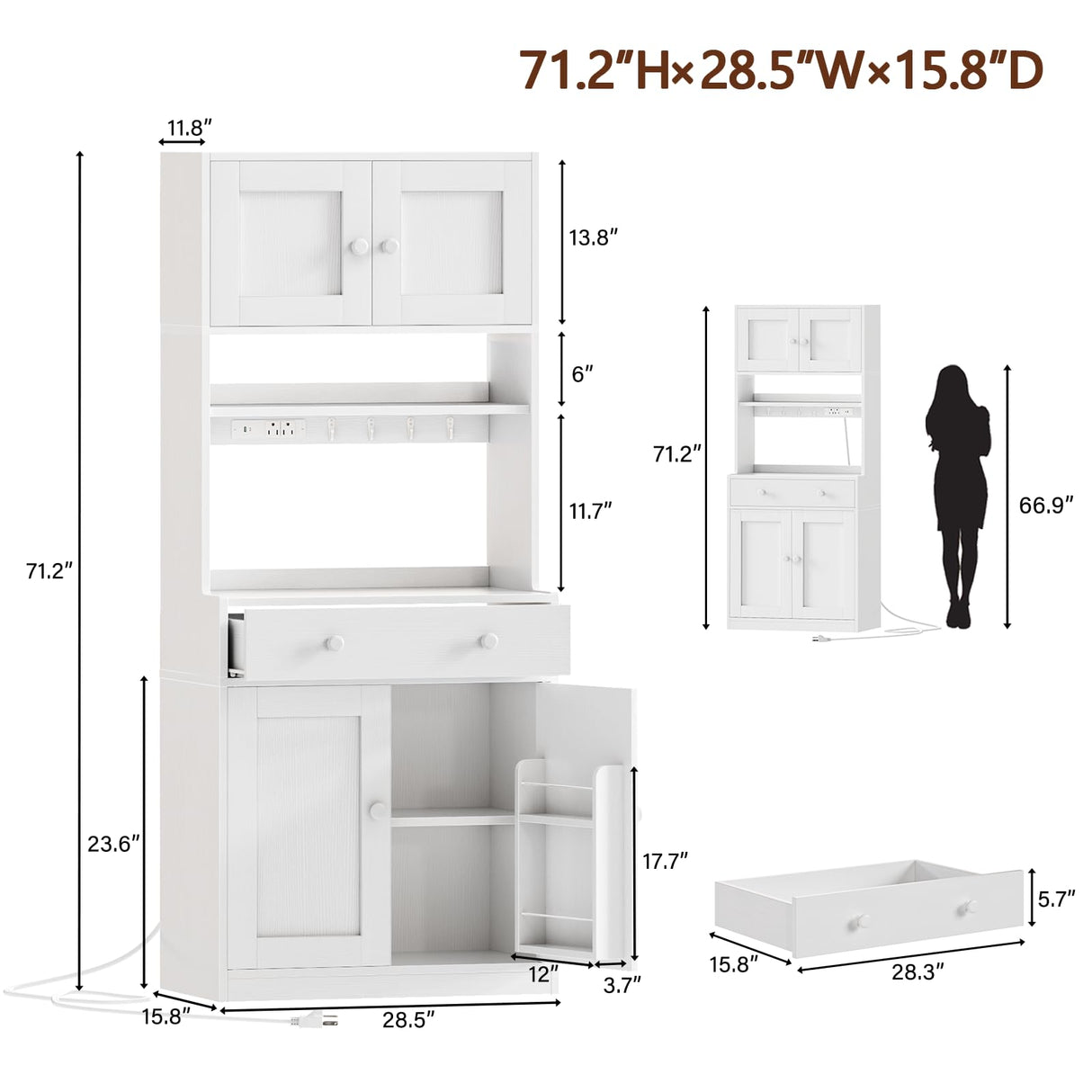 Korfile 71" Tall Kitchen Pantry Storage Cabinet with Power Outlet & LED Light, Freestanding Food Pantry Cabinet with 4 Doors and Shelves, Cupboard with Drawer, Hutch with Microwave Stand, White Korfile