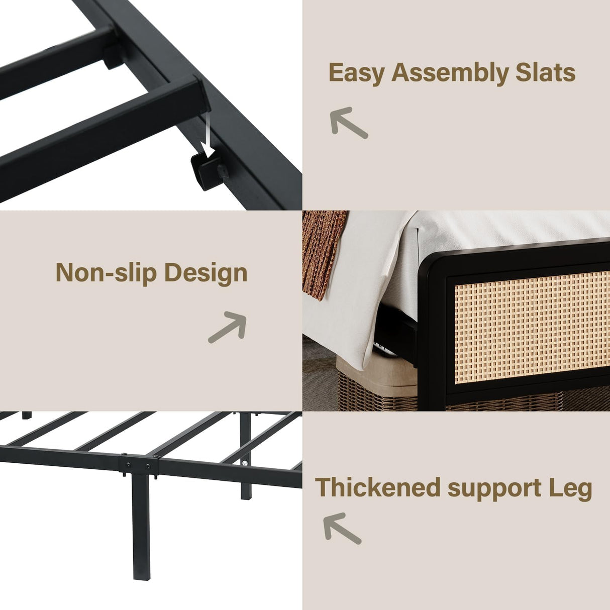 CHABUILDREARK Rattan Bed Frame Queen, Metal Platform Bed with Headboard, Bed Frame Queen Size with Steel Slats Support, No Box Spring Needed, Noise-Free, Easy Assembly, Black CHABUILDREARK