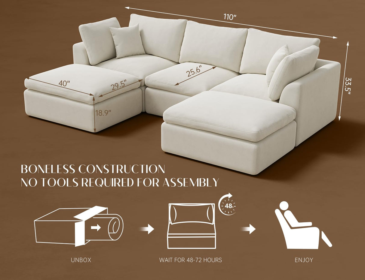 ohllob 110" Cloud Sectional Couches for Living Room, Boneless U Shaped Couch with Ottoman, 3 Seater Modular Sectional Sofa, Warm White ohllob