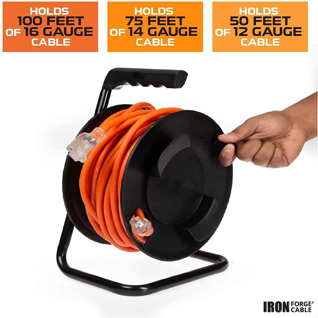 IRON FORGE CABLE Extension Cord Storage Reel with Metal Stand, Black - Portable Cable Reel, Holds Up to 100 Ft of Electrical Cord, Hose, or Rope IRON FORGE CABLE