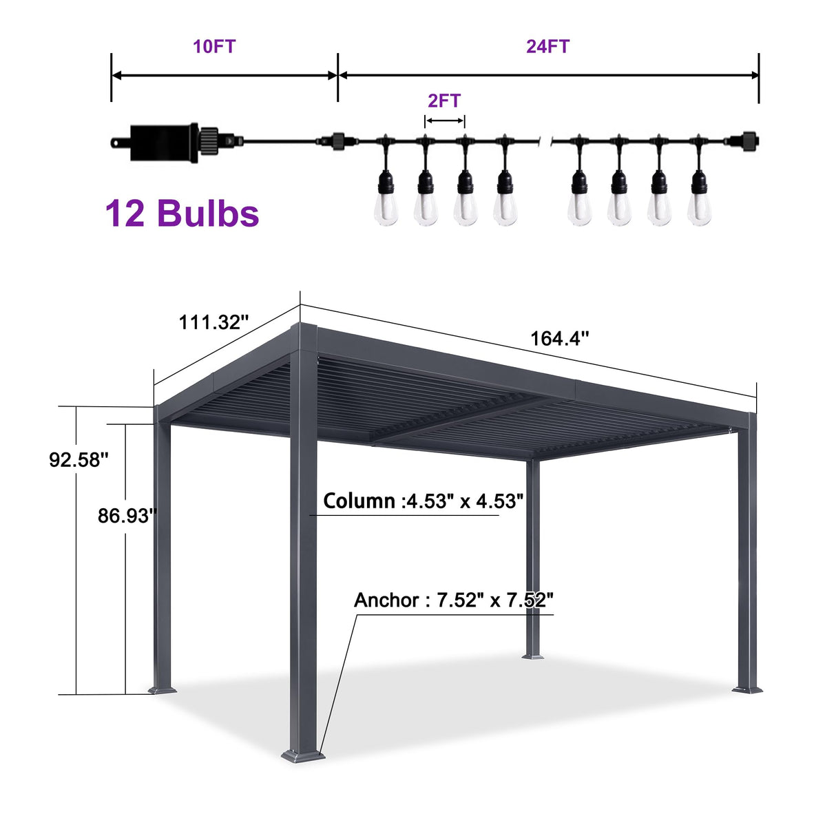 PURPLE LEAF Louvered Pergola with String Lights 9' x 14' Patio Aluminum Pergola with Independent Adjustable Rainproof Roof Hardtop Pergola for Outdoor Deck Garden Yard PURPLE LEAF