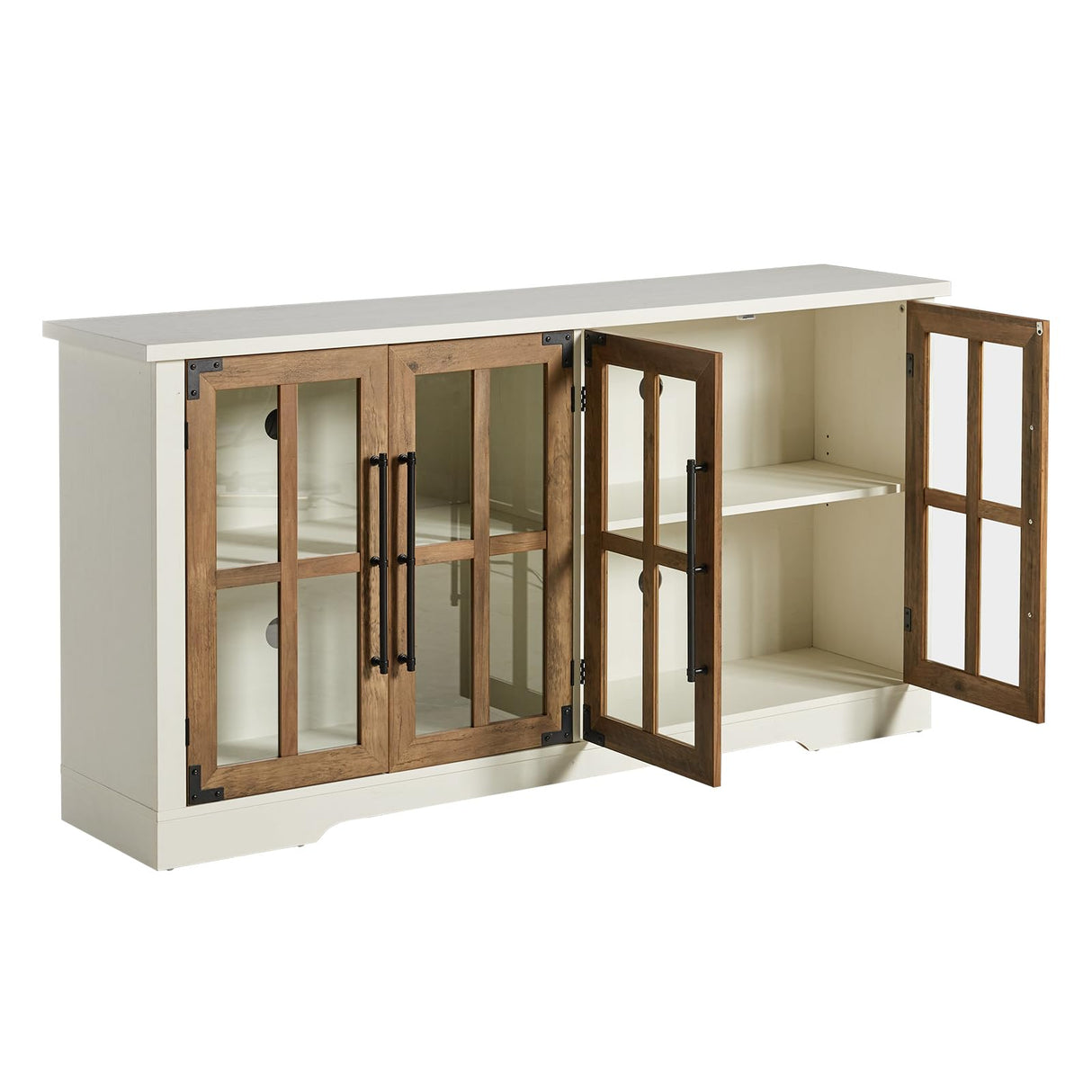 AMERLIFE 63" Buffet Sideboard Cabinet with Storage, Modern Farmhouse Cabinet with 4 Glass Doors & Adjustable Shelf, Wood Buffet Table Cabinet for Kitchen Dining Room Living Room, White AMERLIFE