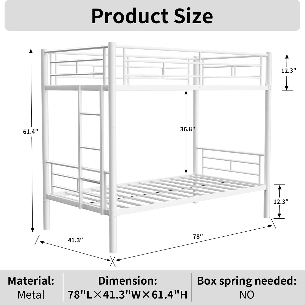 Bellemave Bunk Bed Twin Over Twin, Twin Bunk Beds with High Guardrail and Build in Ladder, Kids Bunk Beds with Slats, No Box Spring Needed, White Bellemave