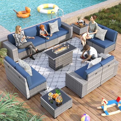 VONZOY 13 Piece Patio Furniture Set with Fire Pit Table, Outdoor Conversation Sets Grey Wicker Rattan Sectional Sofa, 4'' Thickened Cushion Navy Blue (Include Waterproof Cover) VONZOY