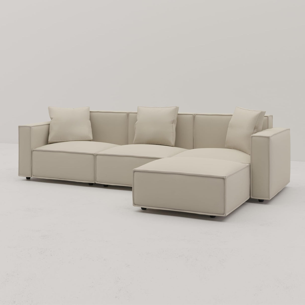 Acanva Luxury Modular Sectional Living Room Sofa Set, Modern Minimalist Style Couch with Ottoman and Chaise, L-Shape, Vegan Leather Cream Acanva