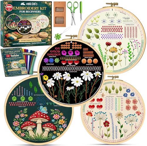Moni Crafts - Embroidery Kit for Beginners Adults β Learn Embroidery Stitches, Complete Starter Kit with 4 Pre-Printed Patterns (Mushroom & Floral), Threads, Needles & Hoop β Video Tutorials