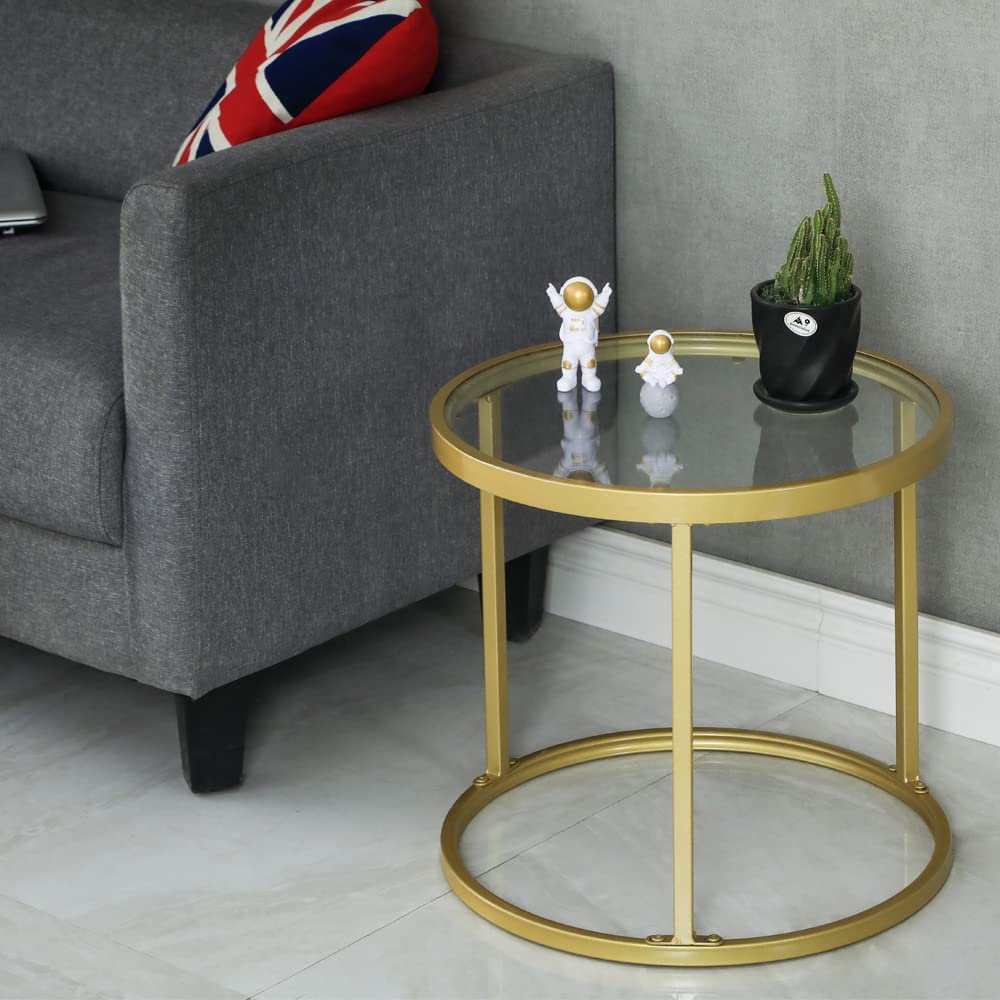 HEONITURE Gold Nesting Coffee Table Set of 2, Small Glass Nesting Tables for Living Room Bedroom, Accent Tea Table with Metal Frame HEONITURE