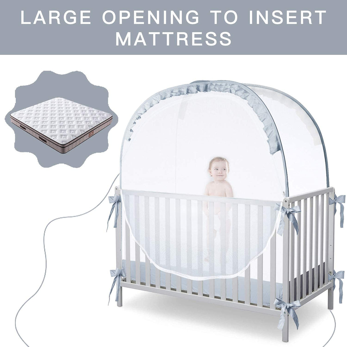 L RUNNZER Baby Crib Tent Crib Net to Keep Baby in, Pop Up Crib Tent Canopy Keep Baby from Climbing Out (55.2" L x 27.6" W x 51.6" H) L RUNNZER